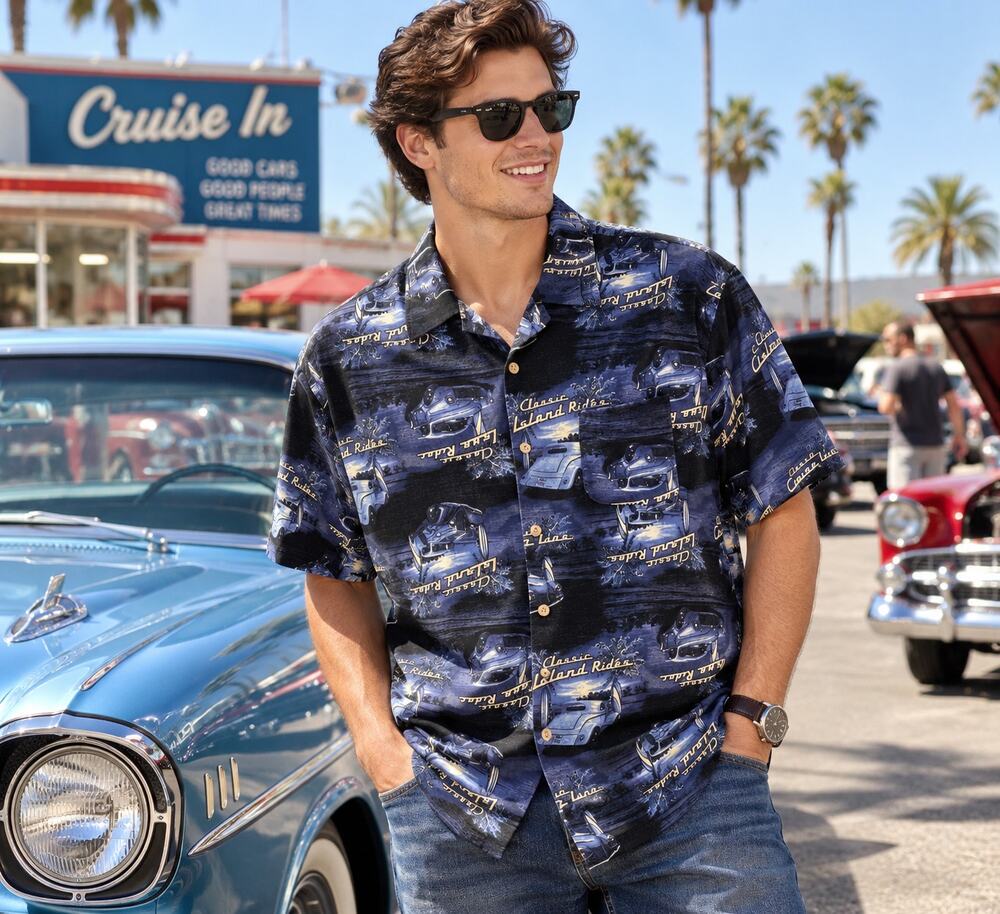 Vintage Y2K George Classic Island Rides Car Shirt Mens XL 100% Rayon